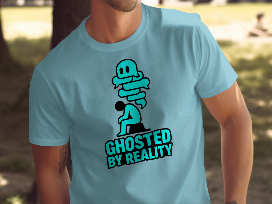 ghosted by reality ghost over seated figure — men’s t-shirt graphic