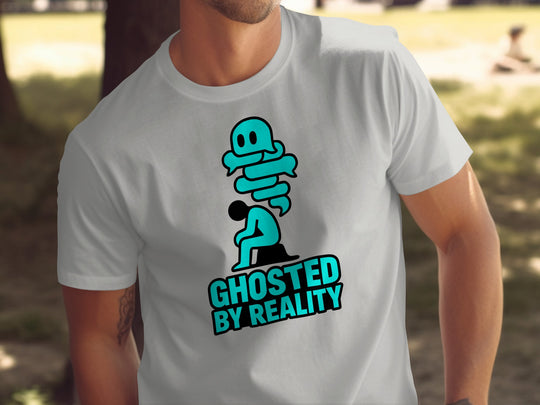 ghosted by reality ghost over seated figure — men’s t-shirt graphic