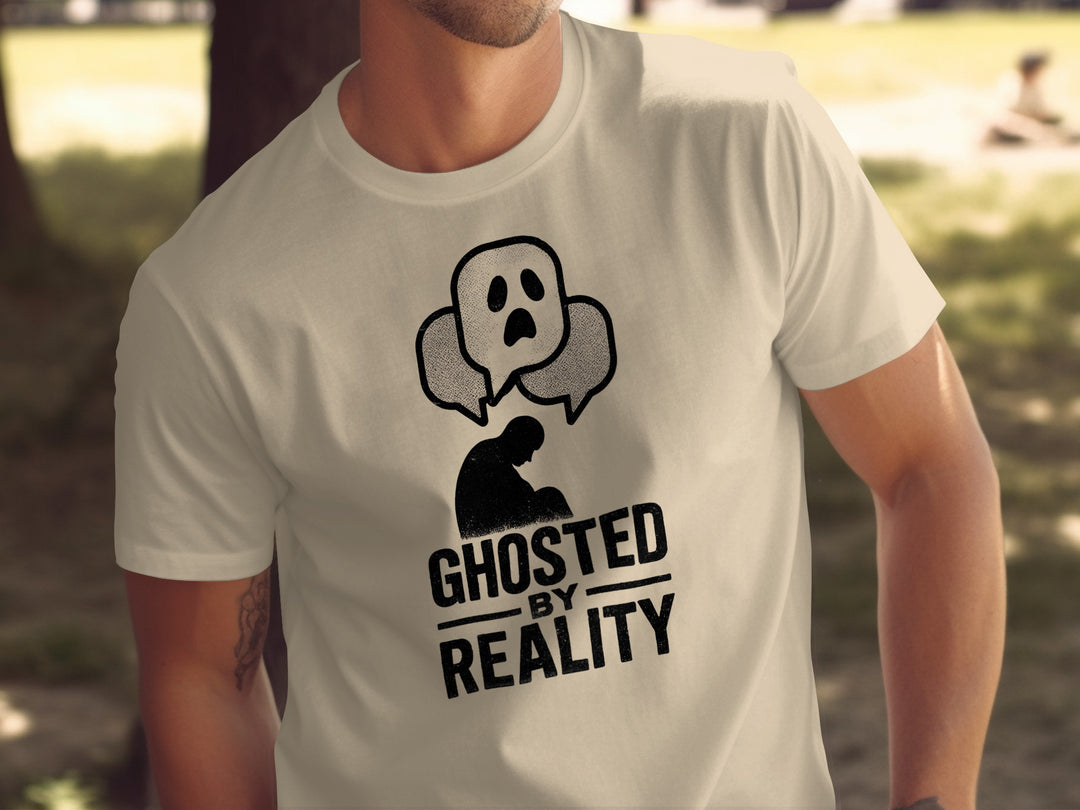ghosted by reality t-shirt with crouched silhouette and ghost chat bubbles — men’s tee