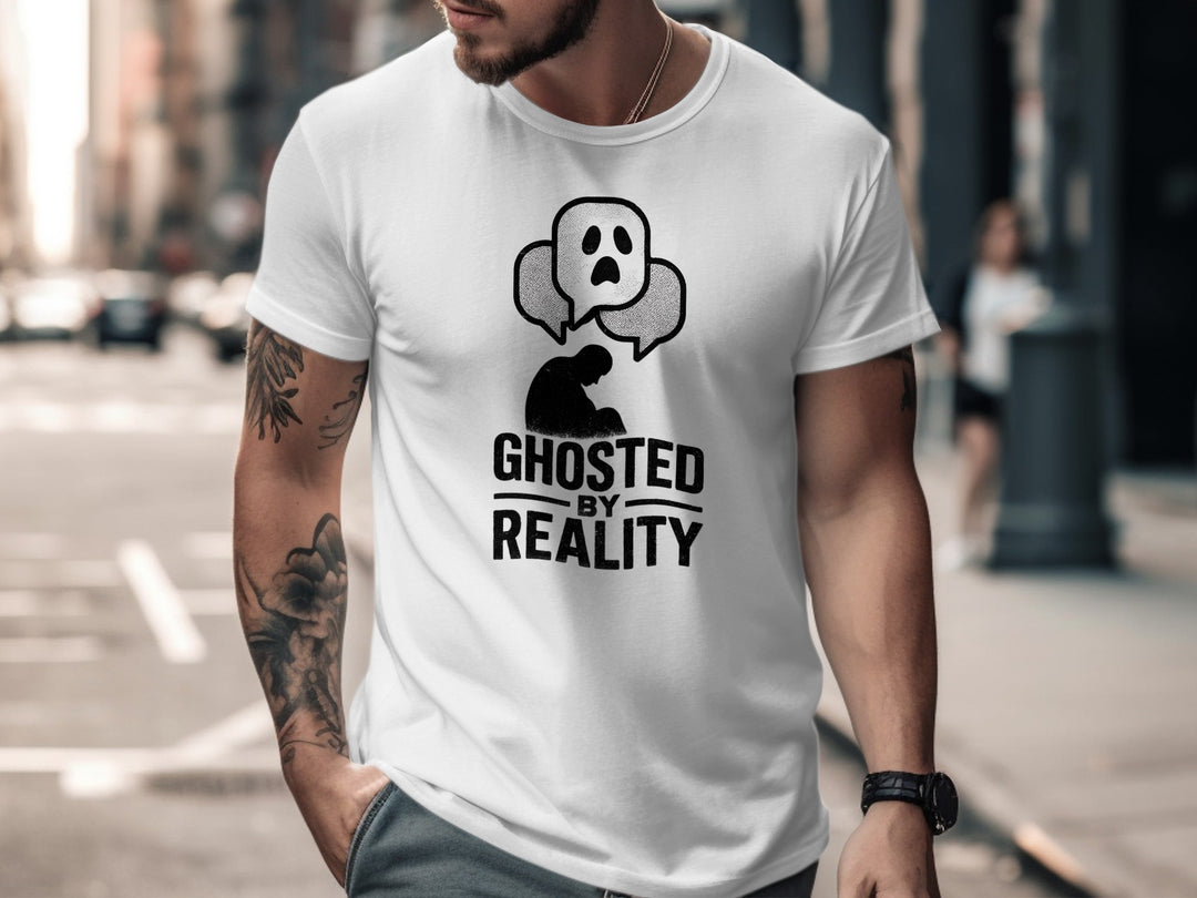 ghosted by reality t-shirt with crouched silhouette and ghost chat bubbles — men’s tee