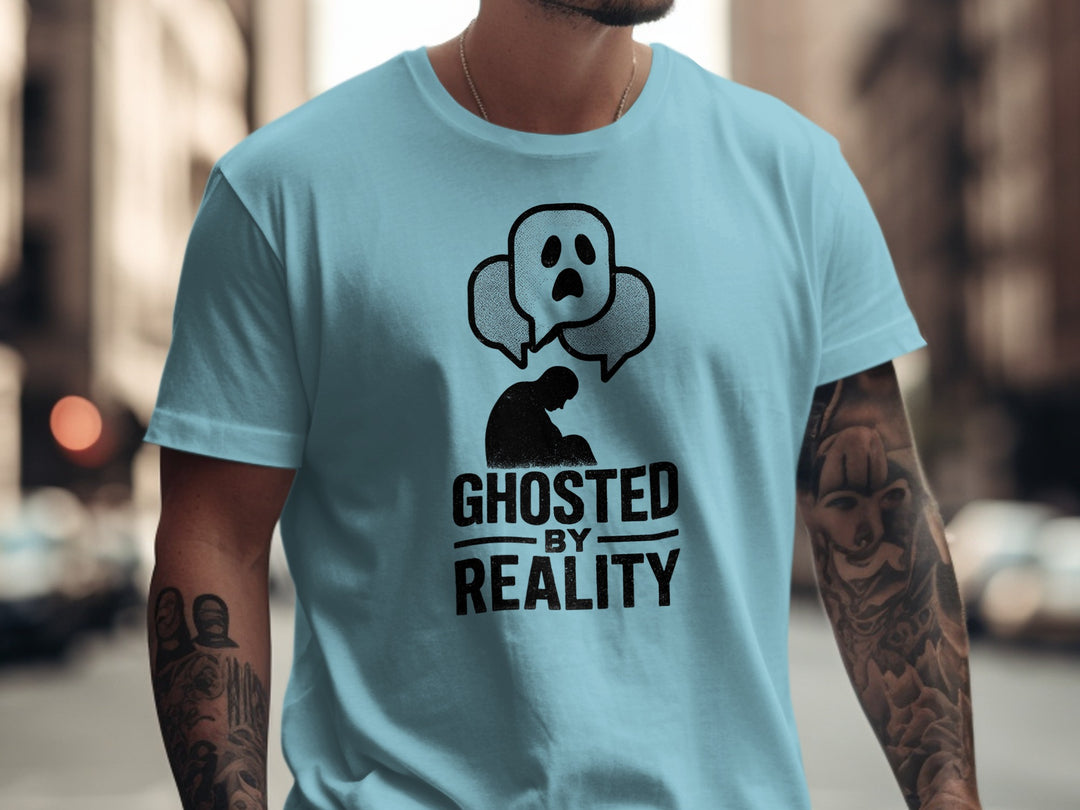 ghosted by reality t-shirt with crouched silhouette and ghost chat bubbles — men’s tee