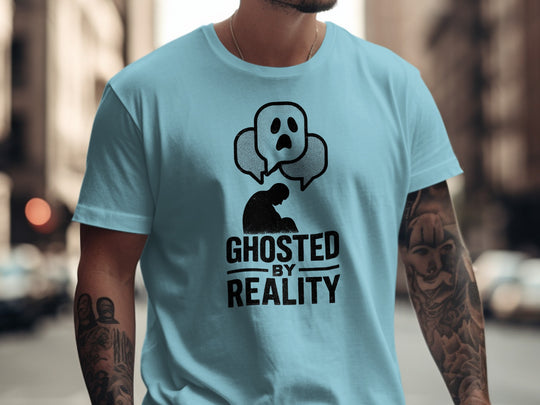 ghosted by reality t-shirt with crouched silhouette and ghost chat bubbles — men’s tee