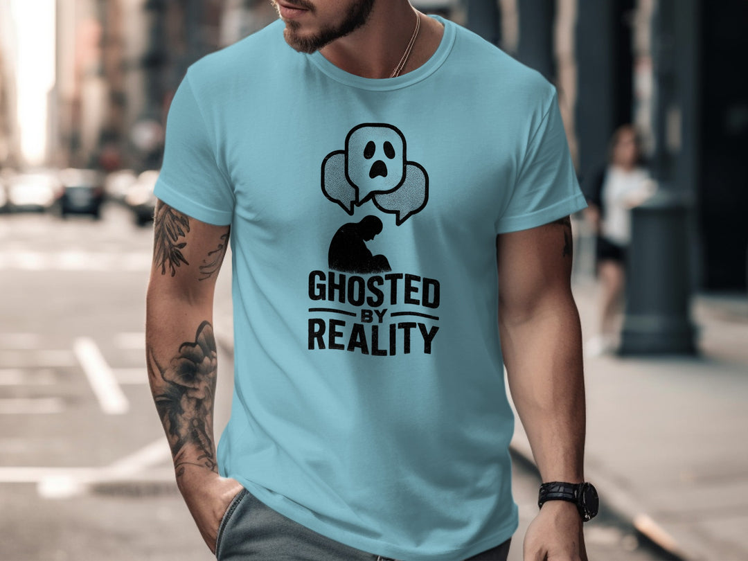 ghosted by reality t-shirt with crouched silhouette and ghost chat bubbles — men’s tee