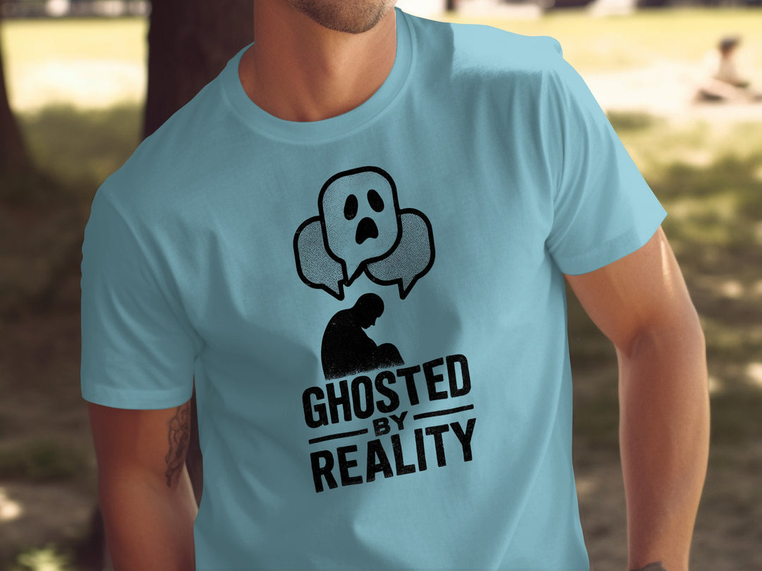 ghosted by reality t-shirt with crouched silhouette and ghost chat bubbles — men’s tee