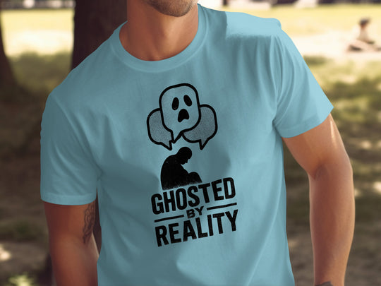 ghosted by reality t-shirt with crouched silhouette and ghost chat bubbles — men’s tee
