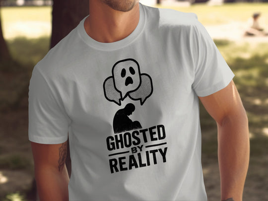 ghosted by reality t-shirt with crouched silhouette and ghost chat bubbles — men’s tee