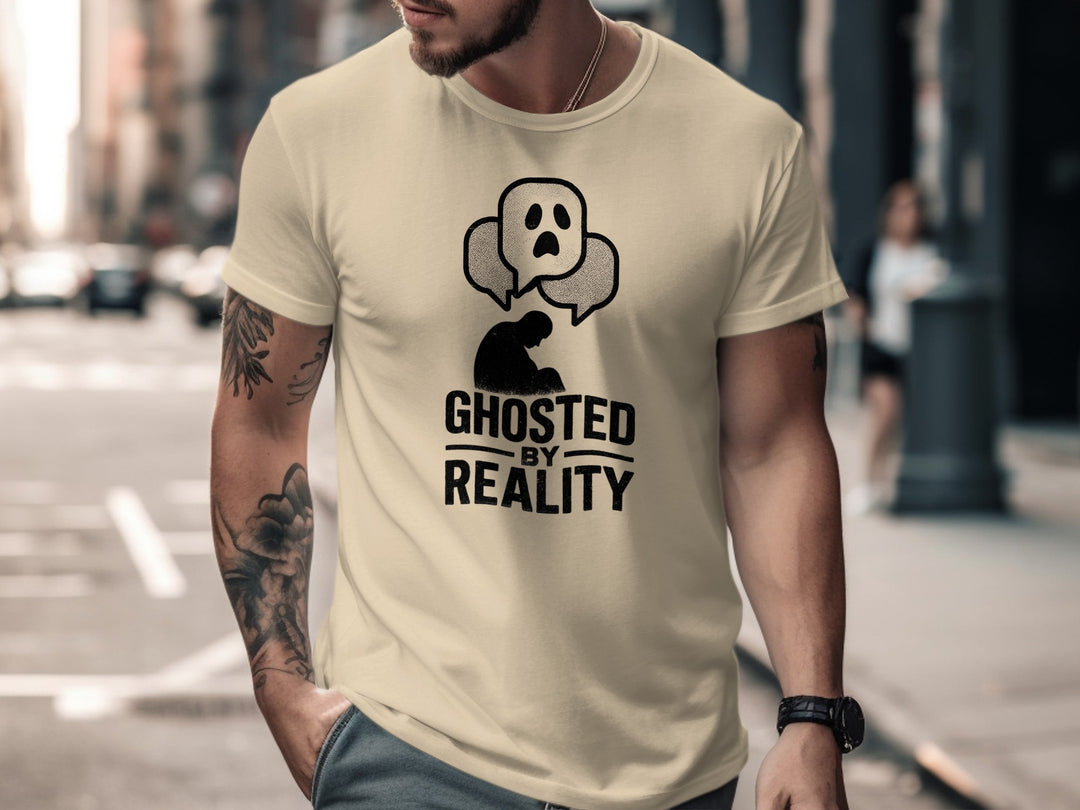ghosted by reality t-shirt with crouched silhouette and ghost chat bubbles — men’s tee