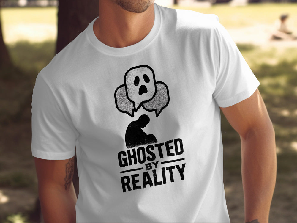 ghosted by reality t-shirt with crouched silhouette and ghost chat bubbles — men’s tee