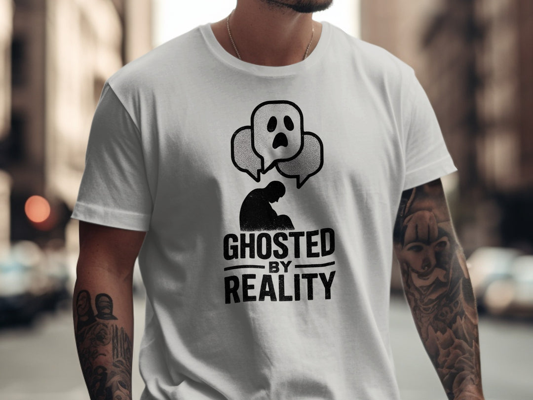 ghosted by reality t-shirt with crouched silhouette and ghost chat bubbles — men’s tee