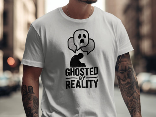 ghosted by reality t-shirt with crouched silhouette and ghost chat bubbles — men’s tee