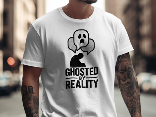 ghosted by reality t-shirt with crouched silhouette and ghost chat bubbles — men’s tee