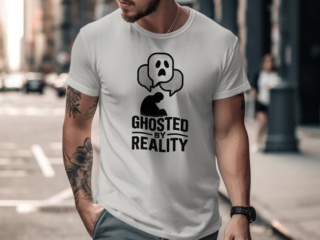 ghosted by reality t-shirt with crouched silhouette and ghost chat bubbles — men’s tee