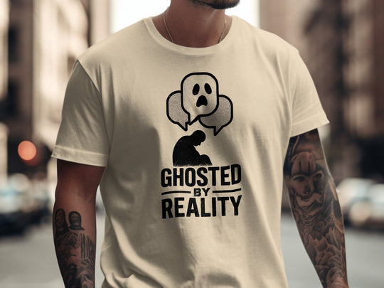 ghosted by reality t-shirt with crouched silhouette and ghost chat bubbles — men’s tee
