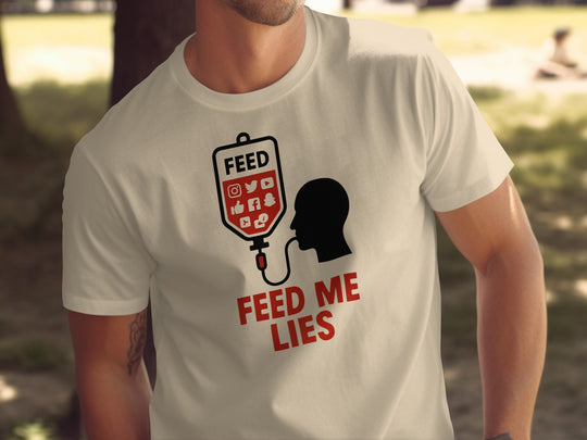 feed me lies t-shirt with red iv feed bag and app icons — men’s graphic tee