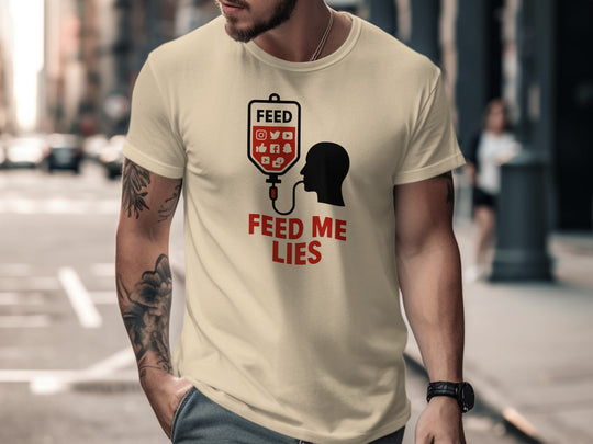 feed me lies t-shirt with red iv feed bag and app icons — men’s graphic tee