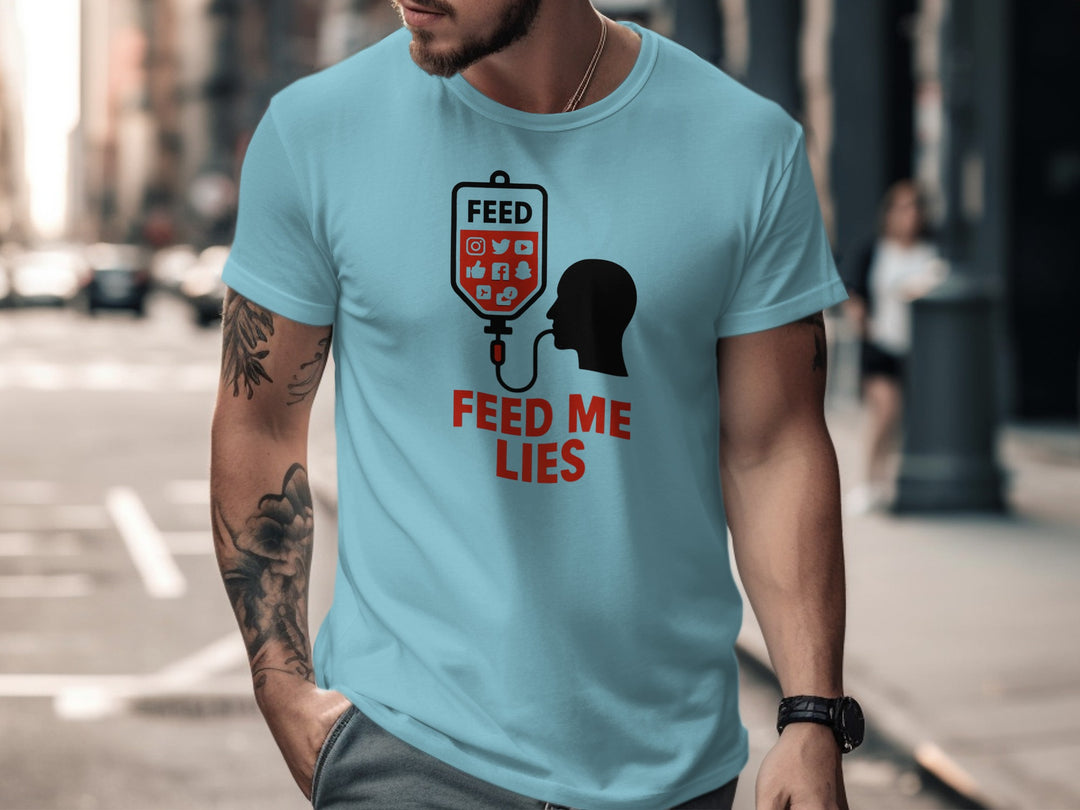 feed me lies t-shirt with red iv feed bag and app icons — men’s graphic tee