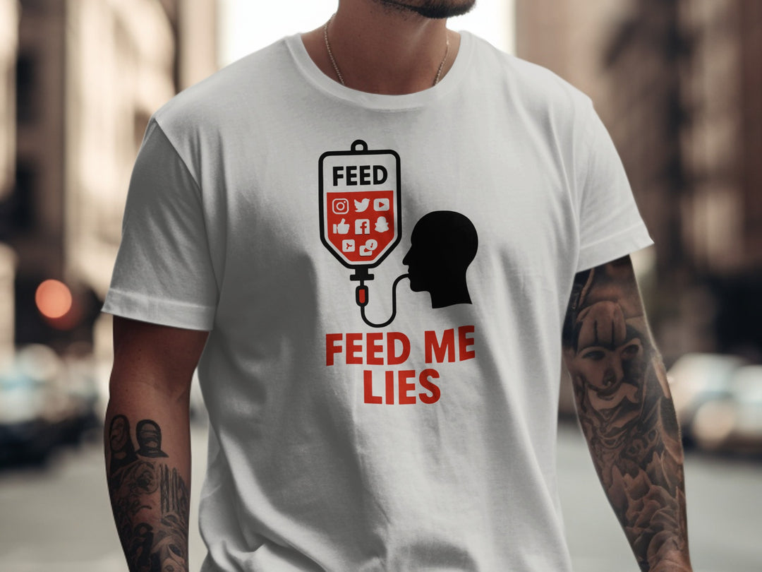feed me lies t-shirt with red iv feed bag and app icons — men’s graphic tee