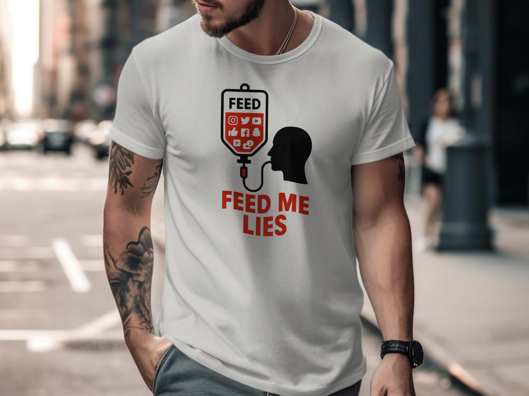 feed me lies t-shirt with red iv feed bag and app icons — men’s graphic tee