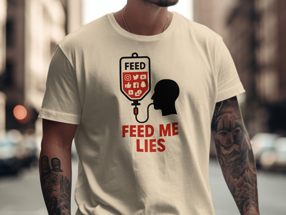 feed me lies t-shirt with red iv feed bag and app icons — men’s graphic tee