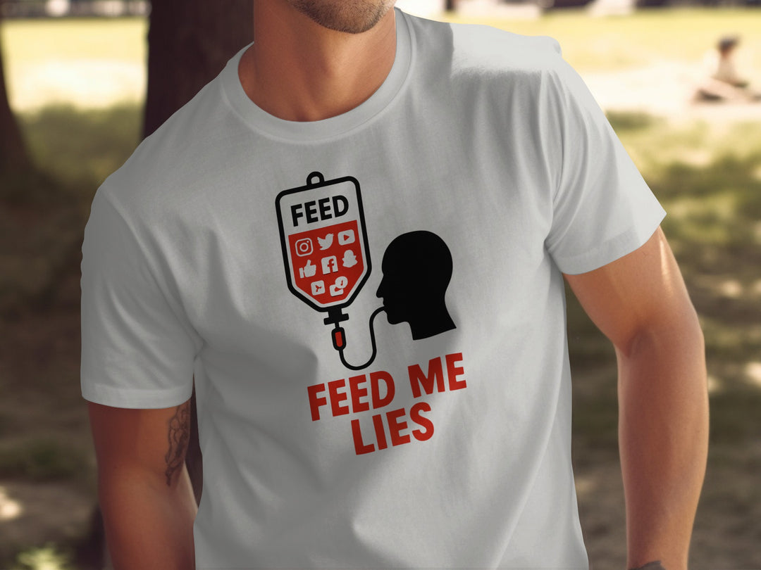 feed me lies t-shirt with red iv feed bag and app icons — men’s graphic tee