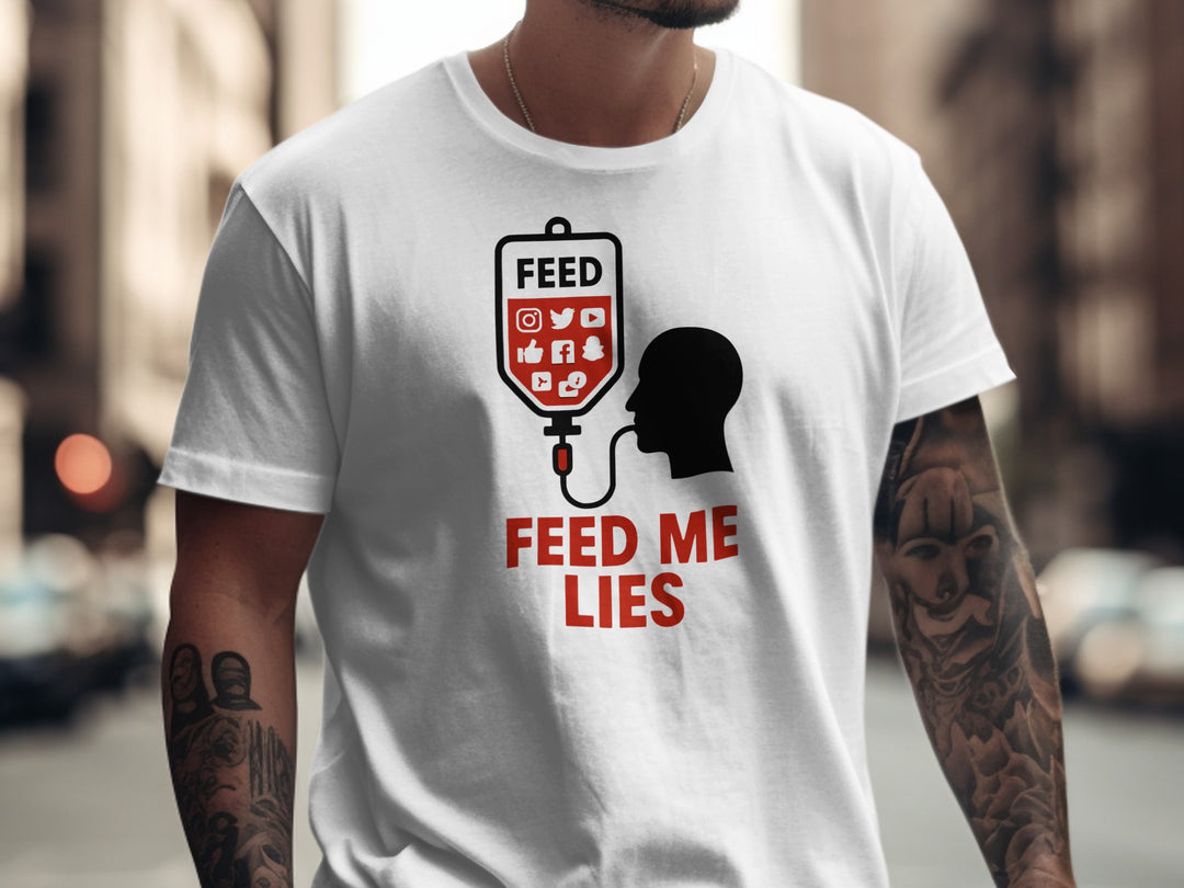 feed me lies t-shirt with red iv feed bag and app icons — men’s graphic tee