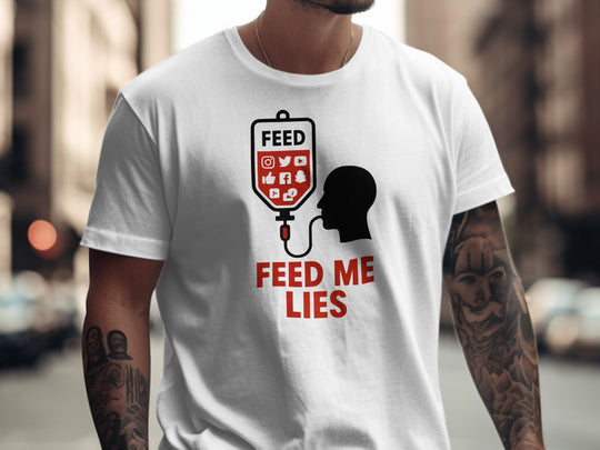 feed me lies t-shirt with red iv feed bag and app icons — men’s graphic tee