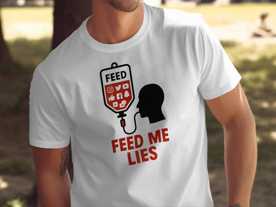 feed me lies t-shirt with red iv feed bag and app icons — men’s graphic tee