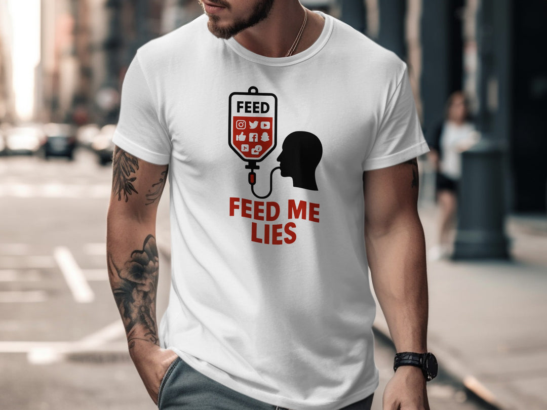 feed me lies t-shirt with red iv feed bag and app icons — men’s graphic tee