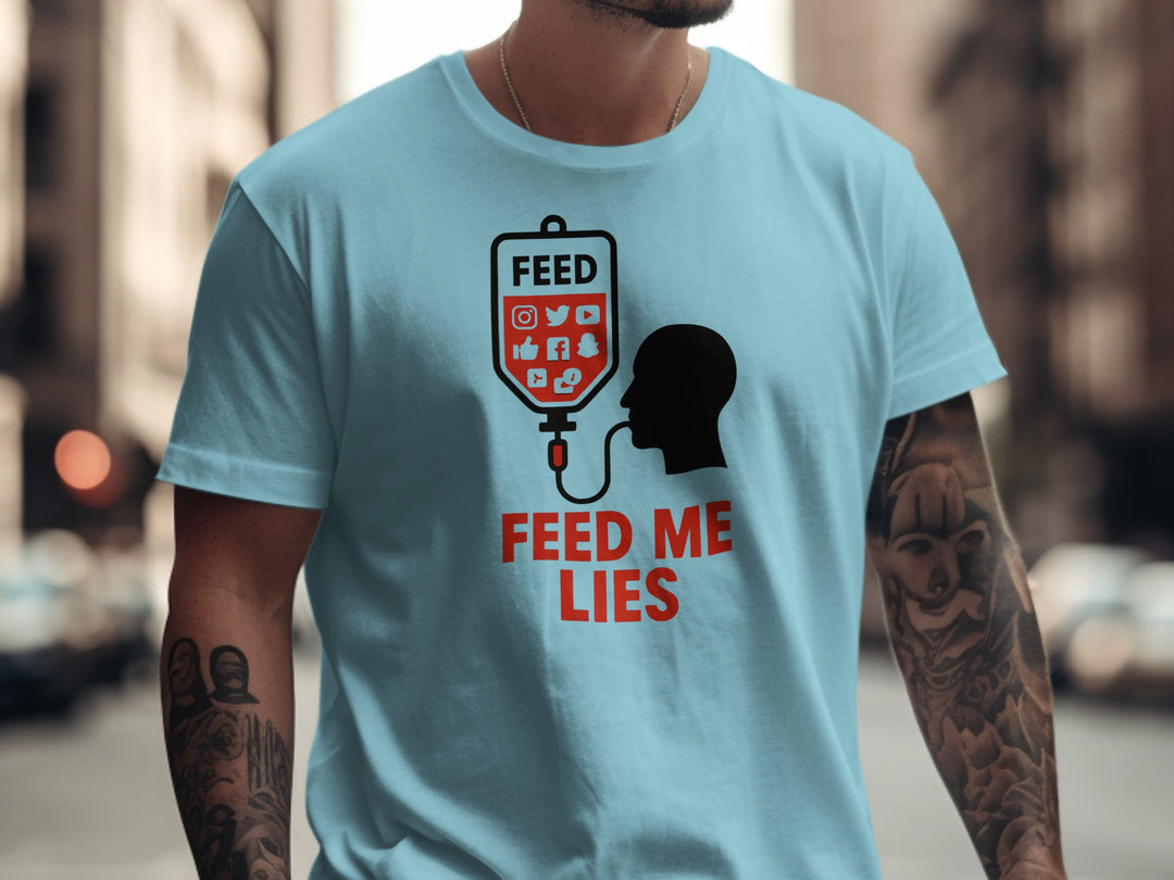 feed me lies t-shirt with red iv feed bag and app icons — men’s graphic tee