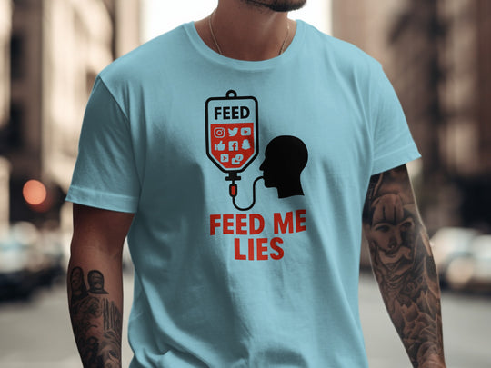 feed me lies t-shirt with red iv feed bag and app icons — men’s graphic tee