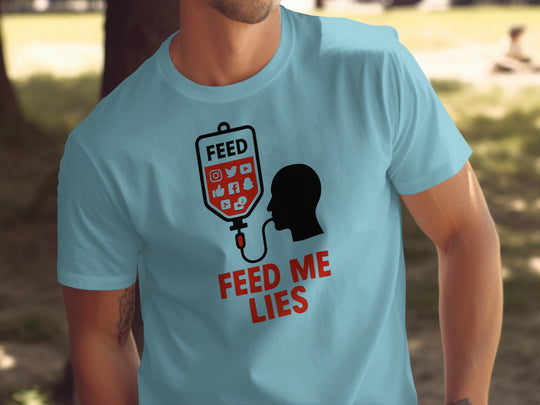 feed me lies t-shirt with red iv feed bag and app icons — men’s graphic tee