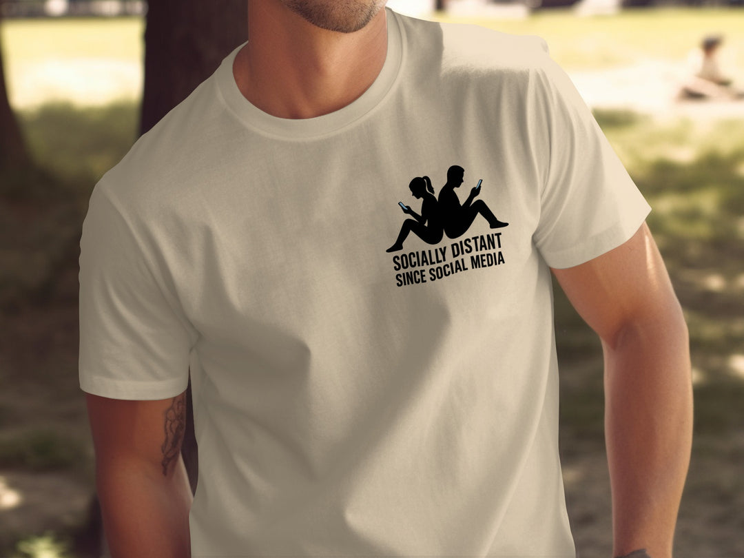 socially distant since social media t-shirt with back-to-back phone silhouettes — men’s tee