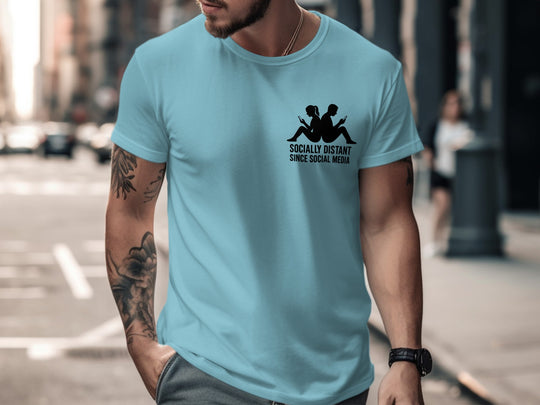 socially distant since social media t-shirt with back-to-back phone silhouettes — men’s tee