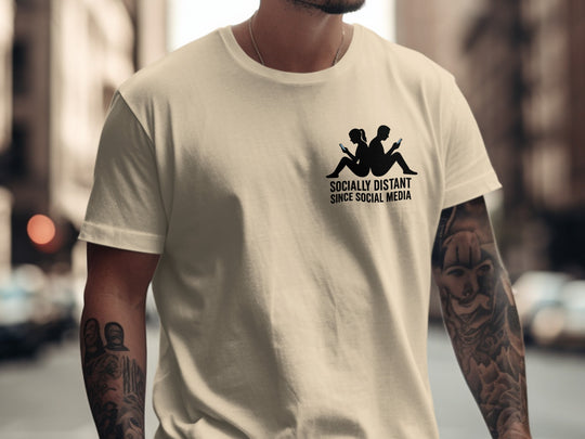 socially distant since social media t-shirt with back-to-back phone silhouettes — men’s tee