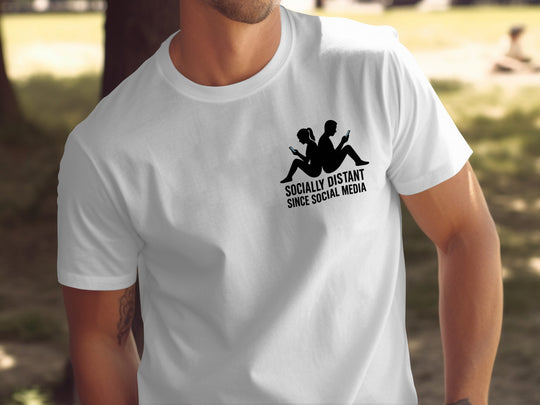 socially distant since social media t-shirt with back-to-back phone silhouettes — men’s tee