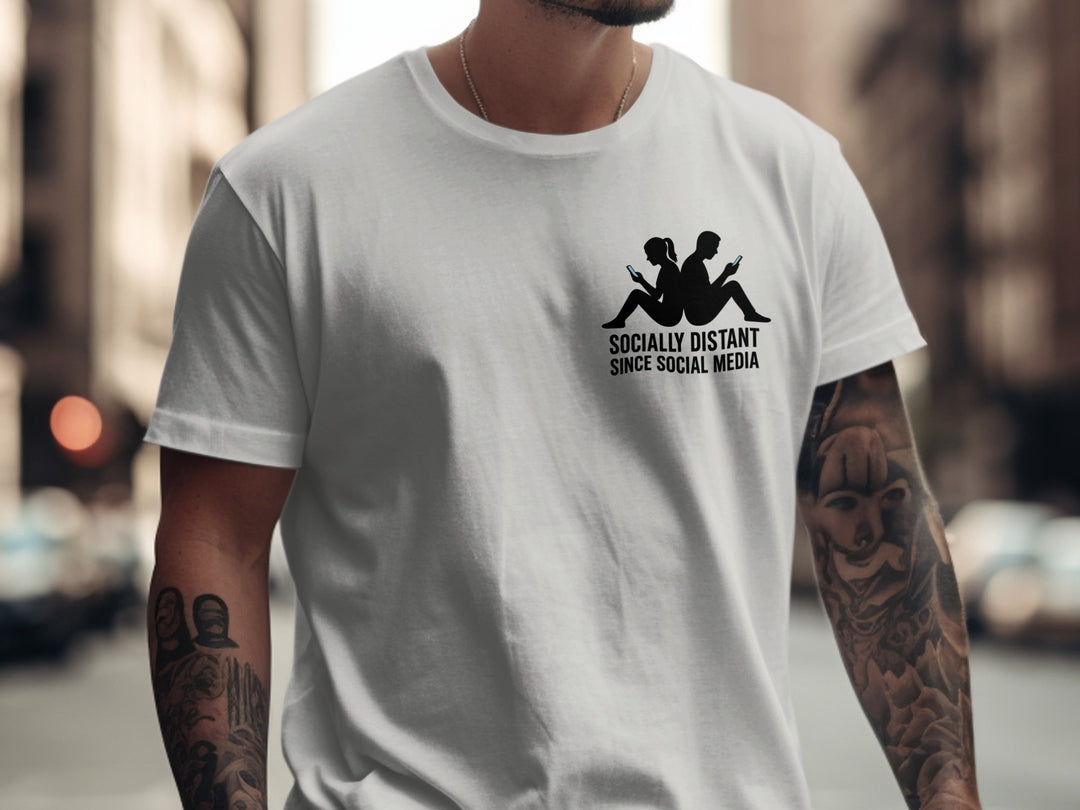 socially distant since social media t-shirt with back-to-back phone silhouettes — men’s tee