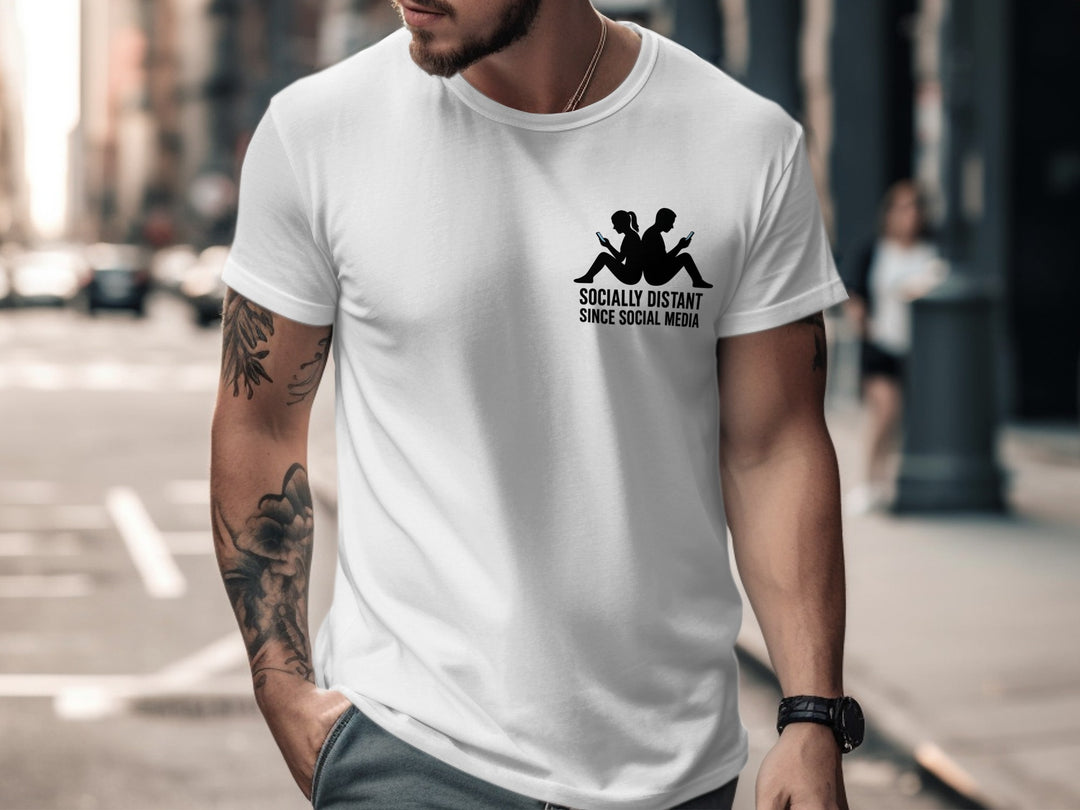 socially distant since social media t-shirt with back-to-back phone silhouettes — men’s tee