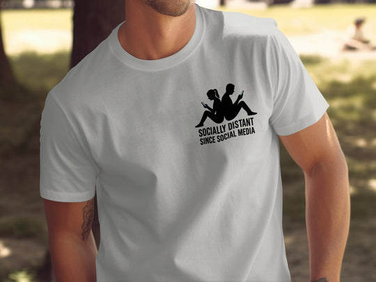 socially distant since social media t-shirt with back-to-back phone silhouettes — men’s tee