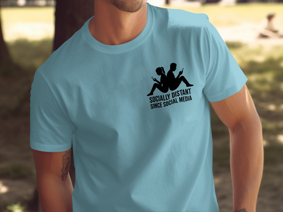 socially distant since social media t-shirt with back-to-back phone silhouettes — men’s tee
