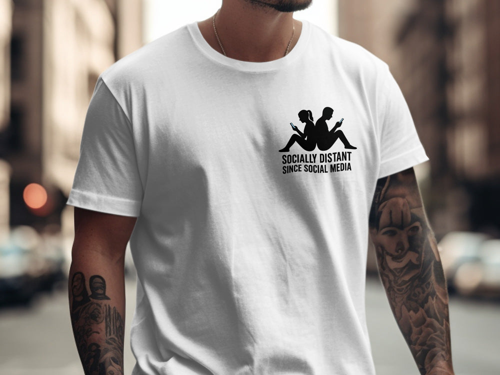 socially distant since social media t-shirt with back-to-back phone silhouettes — men’s tee