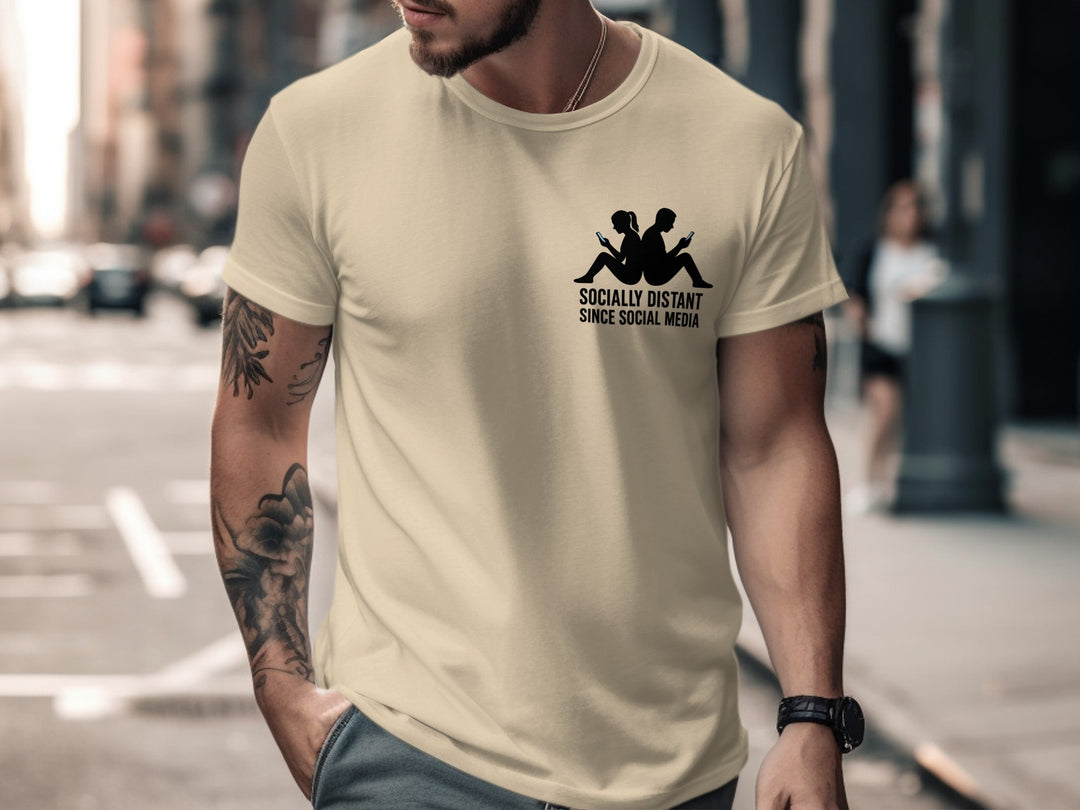 socially distant since social media t-shirt with back-to-back phone silhouettes — men’s tee