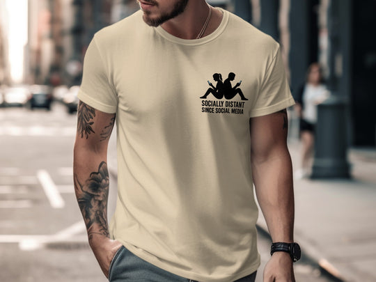 socially distant since social media t-shirt with back-to-back phone silhouettes — men’s tee