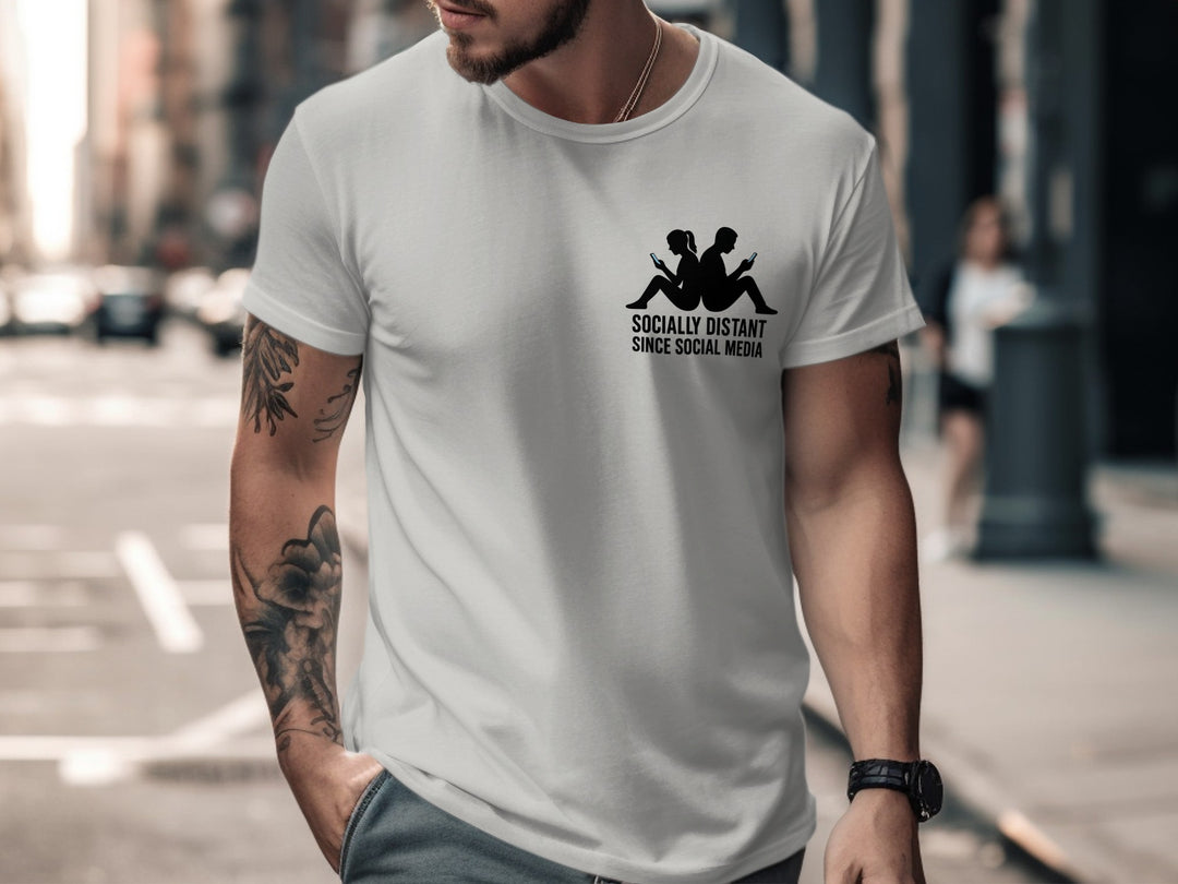 socially distant since social media t-shirt with back-to-back phone silhouettes — men’s tee