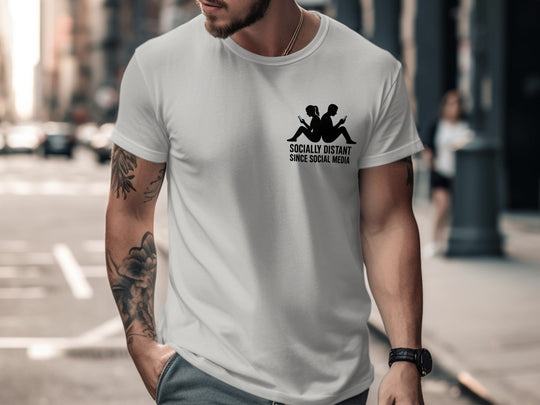 socially distant since social media t-shirt with back-to-back phone silhouettes — men’s tee