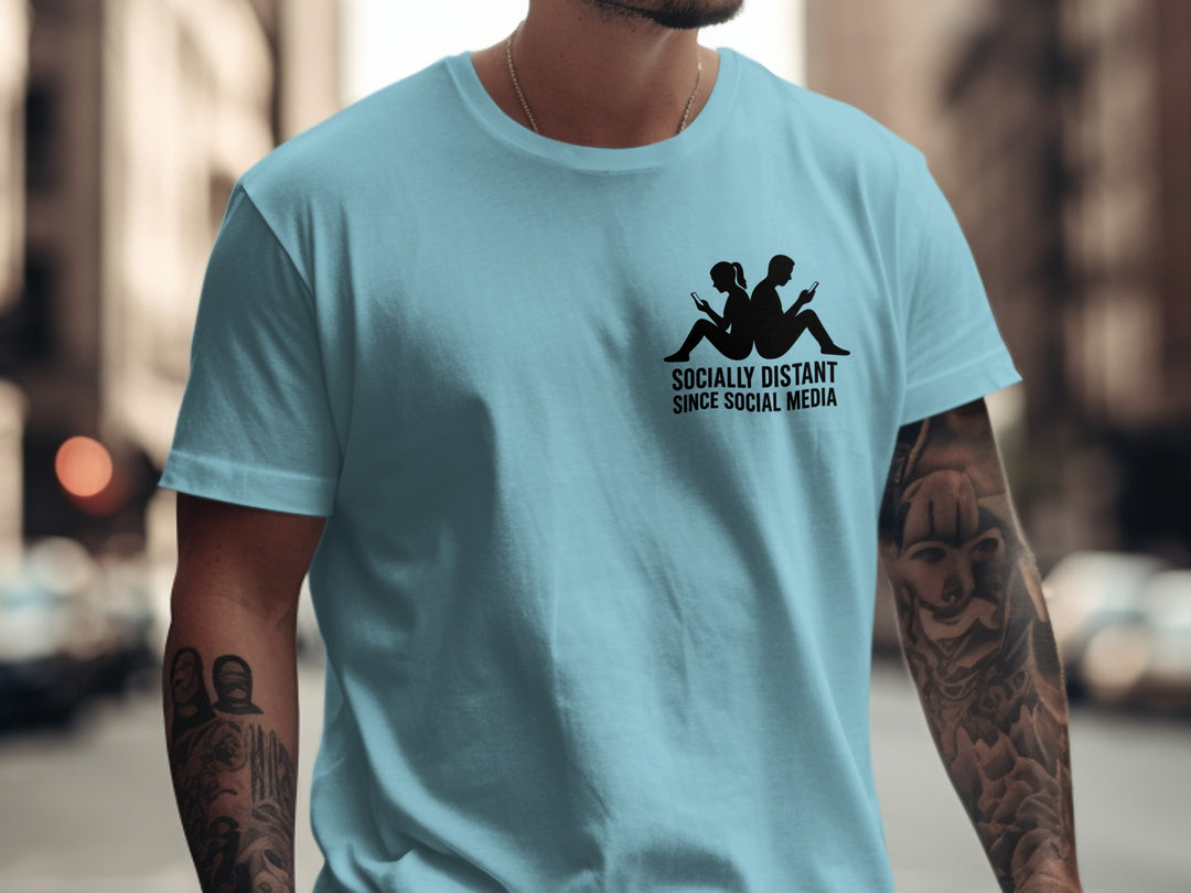 socially distant since social media t-shirt with back-to-back phone silhouettes — men’s tee