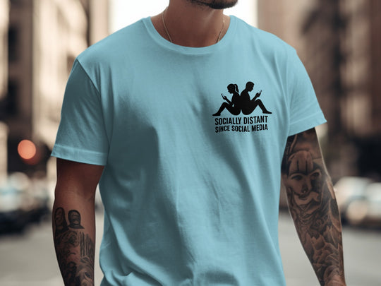 socially distant since social media t-shirt with back-to-back phone silhouettes — men’s tee
