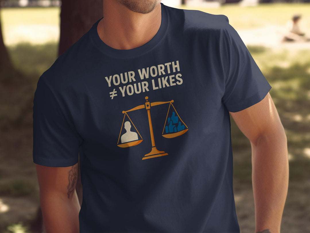 your worth not your likes t-shirt with balance scale graphic — men’s tee