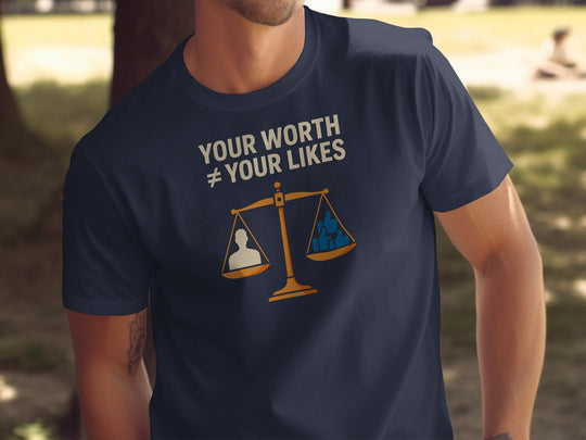 your worth not your likes t-shirt with balance scale graphic — men’s tee