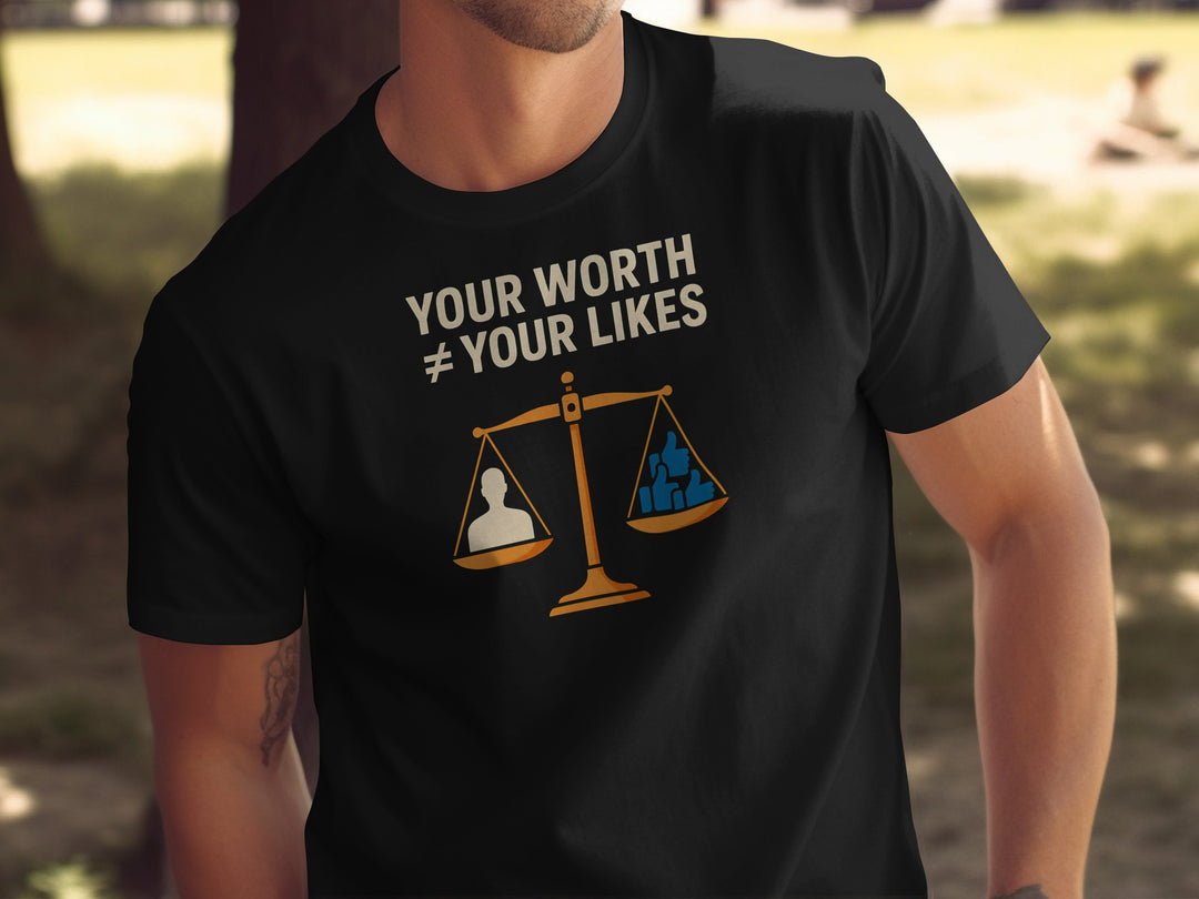 your worth not your likes t-shirt with balance scale graphic — men’s tee
