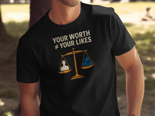 your worth not your likes t-shirt with balance scale graphic — men’s tee